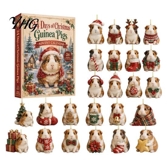 Decorative Acrylic Pendants Guinea Pig Advent Calendar, 24-Day 2D Ornament Set with Christmas Countdown Gift Box Outfits, Tree Hanging Decor, for Pet