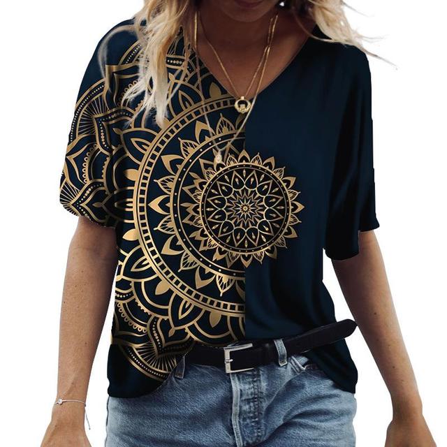 Damen T-Shirts V-Ausschnitt 3D Kunstdruck Tops Locker Kurzarm Tees Sommer Streetwear Mode Lässig Oversize Damenbekleidung