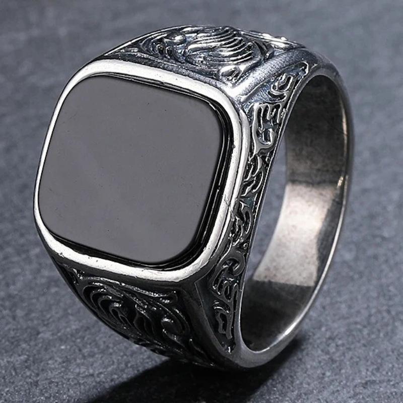 Men‘s Black Onyx Ring, 12x14mm Square Gem Carved Vintage  CopperBand, Bold Gothic Statement Jewelry Gift for Him 10