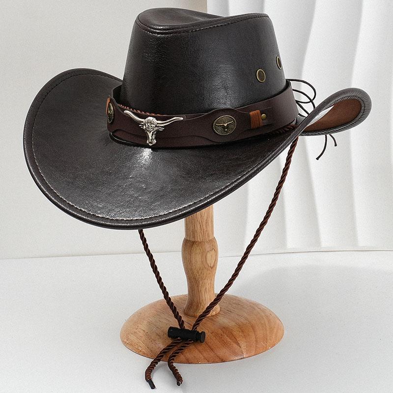 Vintage Faux Leather Classic Wide Brim Cowboy Hat Bullhead Decor Outdoor Sun Shield Hat Men Women Western Style Cowgirl Jazz Cap