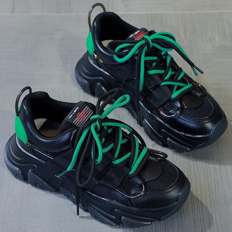 Black Sneakers Women's Dad Shoes Autumn Pair of Shoelaces Versatile Smart Smoked Shoes Increase Height