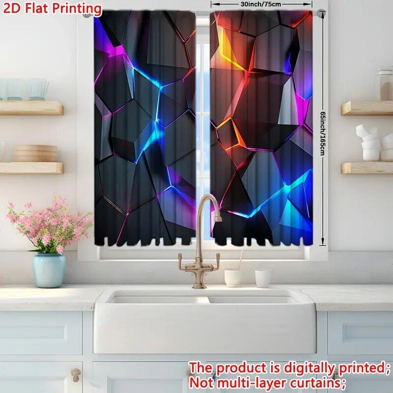 2 Stück - 2D flache Neon geometrisches Muster bedruckte Vorhänge, Fensterdekorationen, Heimdekorationen, Raumdekorationen