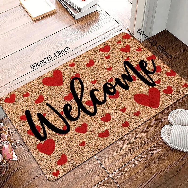 1pcs Entrance Mat, Welcome Home - Heart Elements Pattern Printed Carpet, Polyester Non-slip Floor Mat, Entrance Mat, Carpet