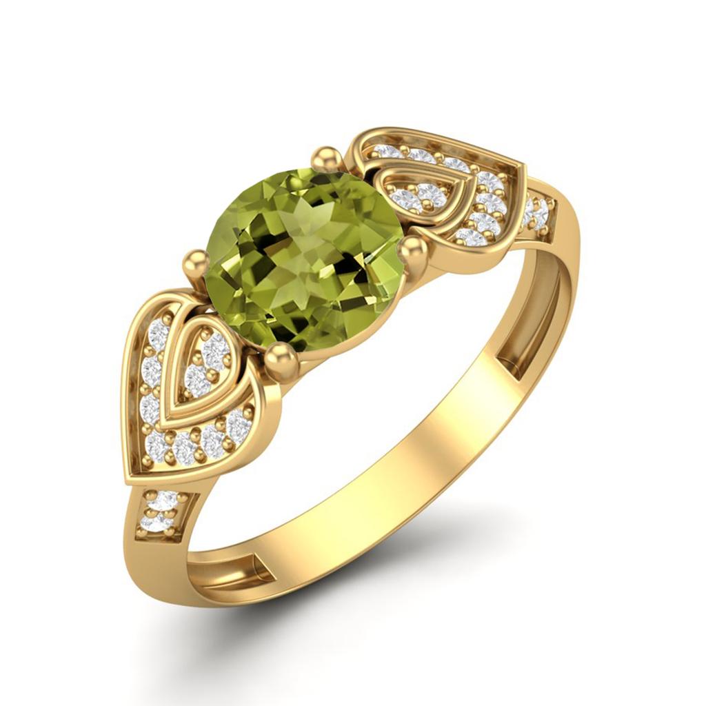 1.11 Ctw Round Peridot 925 Sterling Silver Gold Vermeil Solitaire Bridal Vine Leaf Women Ring