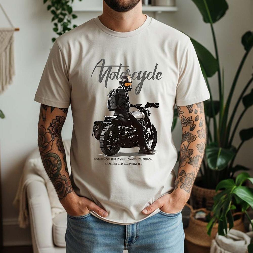 New Summer Unisexs 100 Pure Cotton TShirt Motorcycle Longing For Freedom Vintage Biker Style Casual Breathable Short Sleeve