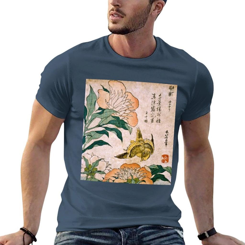 Unisexs Funny Cotton Graphic Tee Hokusai Katsushika Peony And Canary Art Print