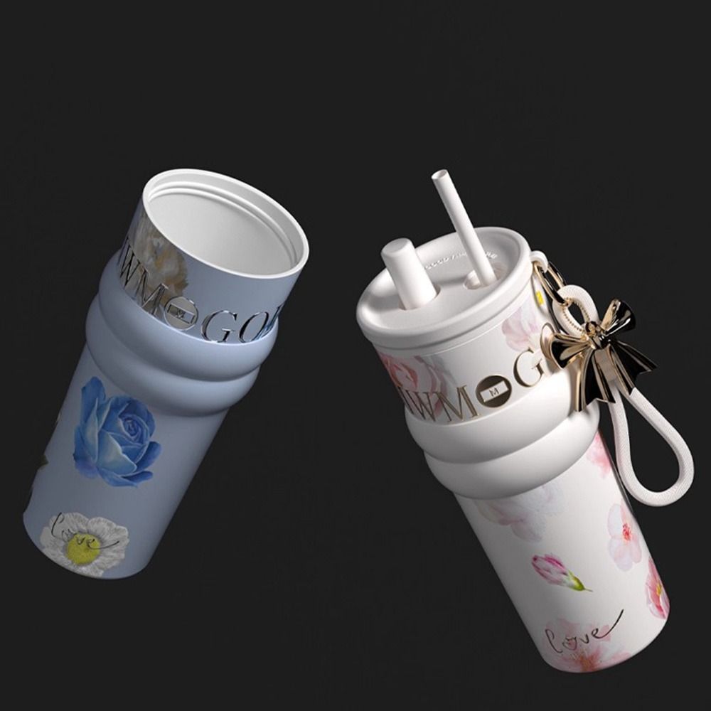 710ml Insulated Cup Ceramic Inner Liner Dustproof Straw Water Cup Large Capacity with Flower Pendant Vacuum Coffee Cup Travel