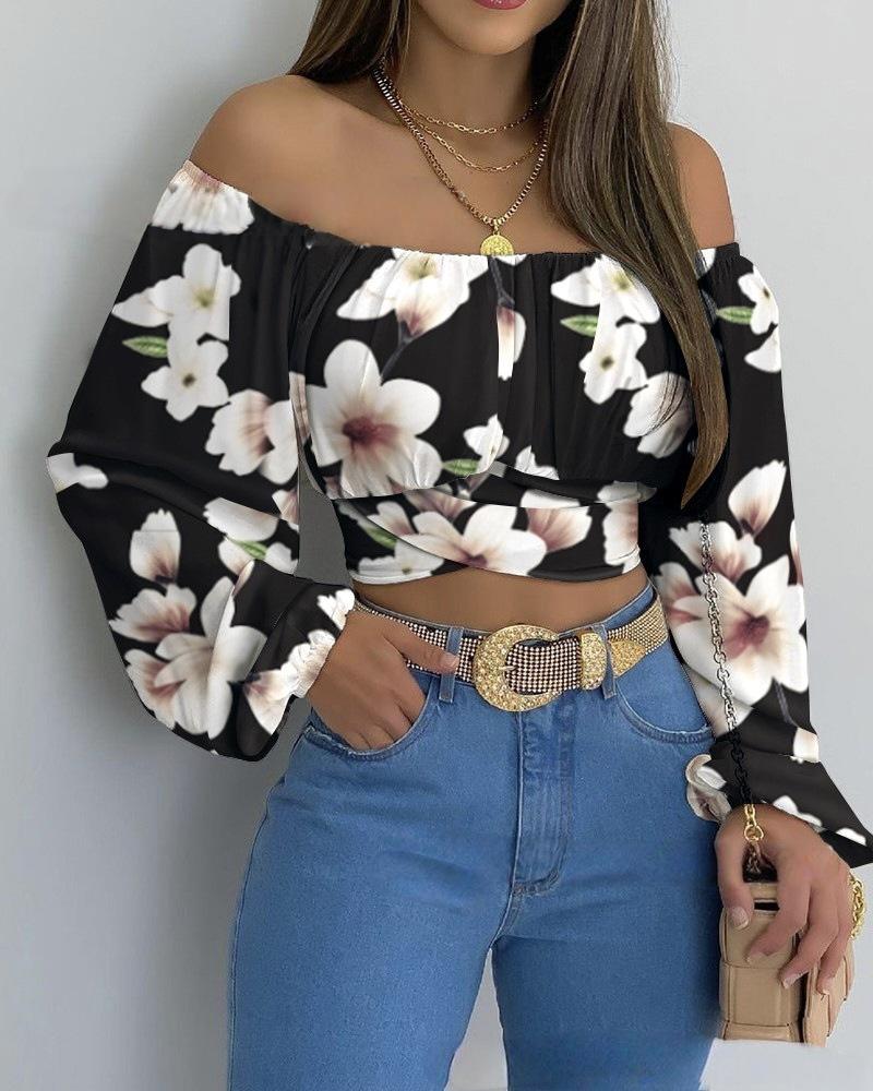 Spring and autumn new European and American women's clothing popular printing long-sleeved off-the-shoulder one-word collar lantern sleeve top