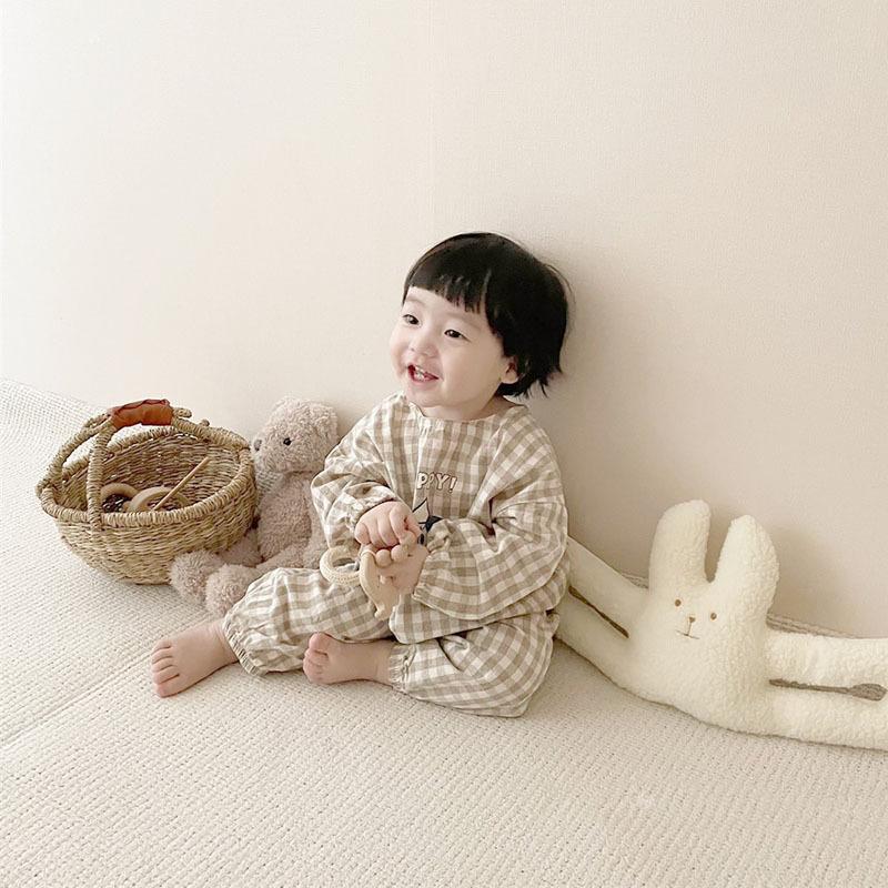 Baby Cotton Linen Clothes Set Plaid Cartoon Casual Tops + Pants 2pcs Baby Set Cute Boy Girls Comfortable Infant Outfits
