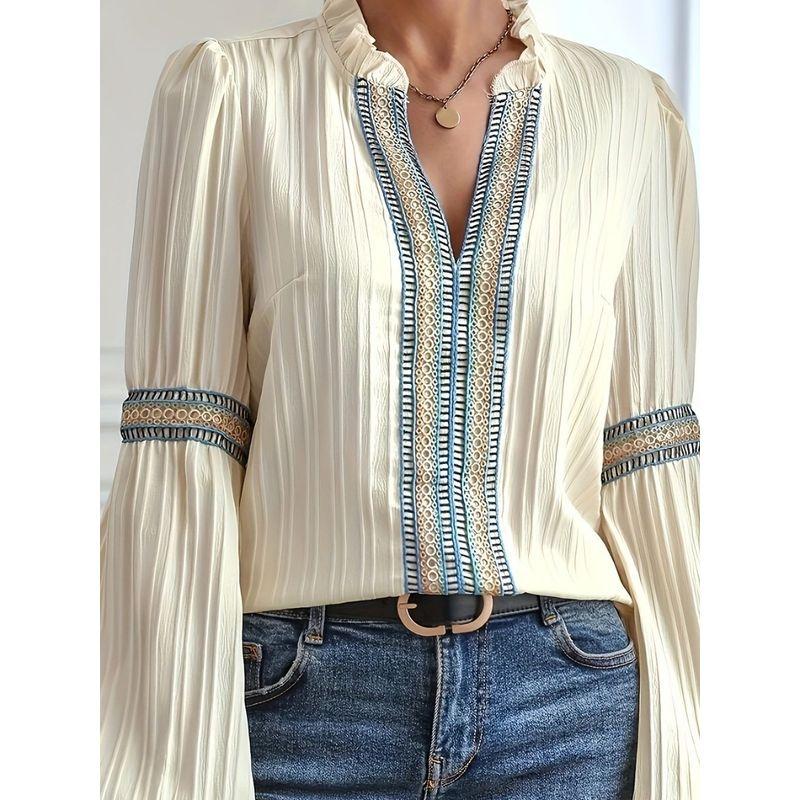 

Lantern Sleeve V-neck Loose Fitting Shirt Lantern Sleeve V Neck Loose Shirt Beige White S