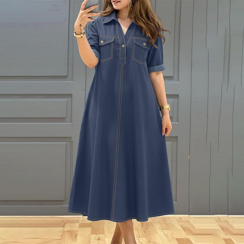 

ZANZEA Женское повседневное свободное платье с отложным воротником и короткими рукавами M темно-синий