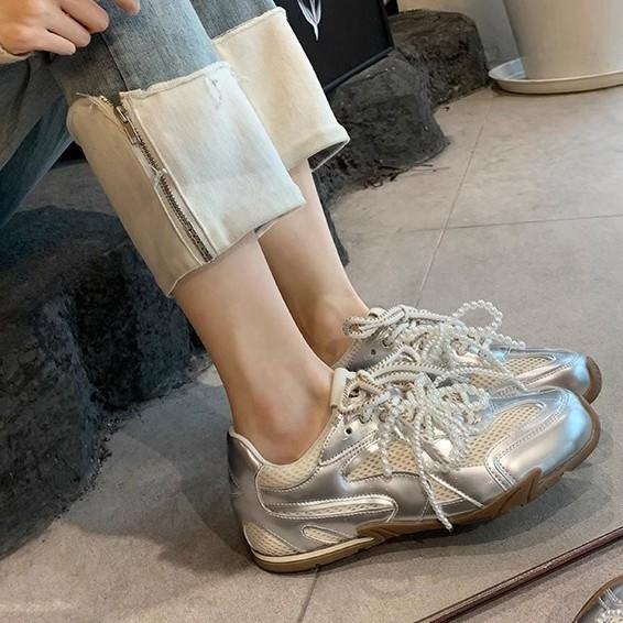 2025 spring new platform sports shoes comfortable soft sole breathable dad shoes pearl lace-up silver casual women's shoes