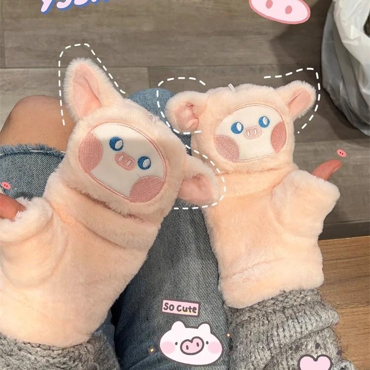 Ji Warm Koreanische Version von niedlichen Plüsch-Cartoon-Flipp-Halbfingerhandschuhen für weibliche Schüler, kältebeständig, verdickt