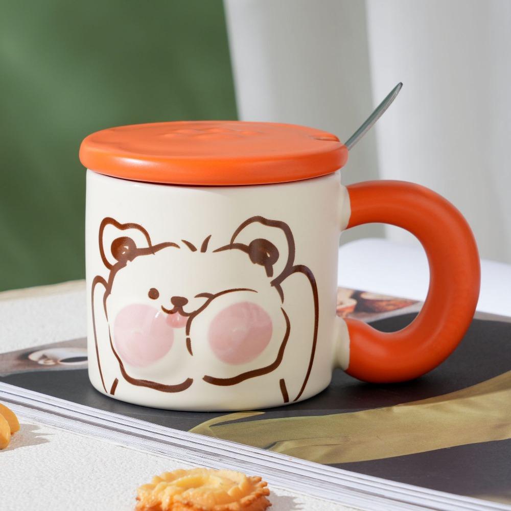 Cute Animal Milk Fufu Ceramic Cup Cartoon Mug with Lid Spoon for Girls Water Cup Household Coffee Cup Milk Cup