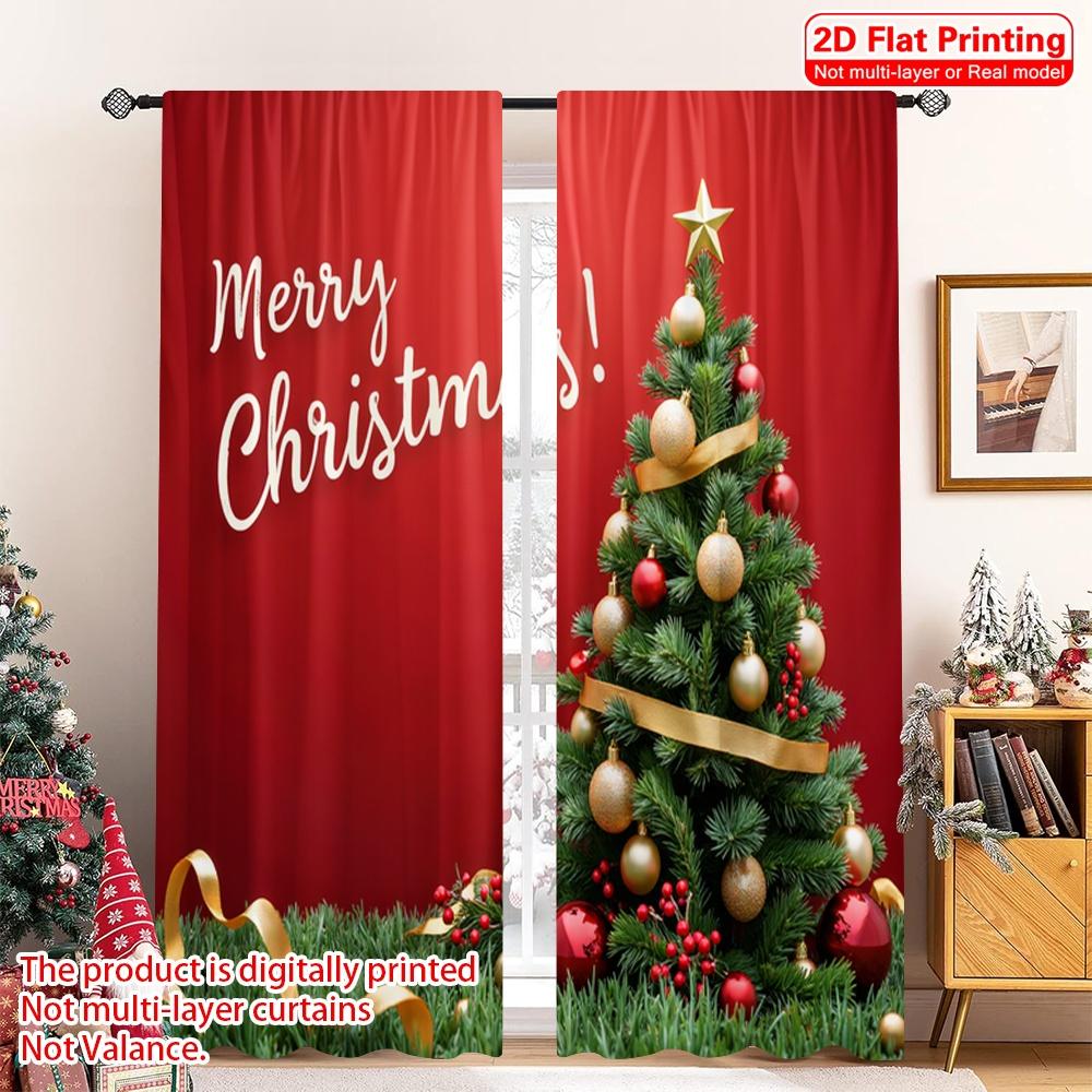2pcs 2D flat printing Christmas Window Curtains Merry Christmas Tree_c Polyester Without Electricity Festive Wall Decor for