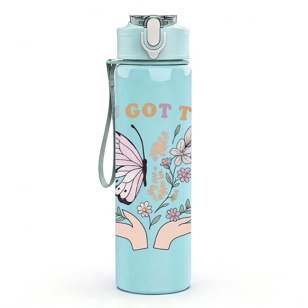 1PC You Got This Floral Butterfly Art 750ml Color Plastic Sports Water Bottle Leakproof Flip Straw Lid Suitable for Sports Office Home Use