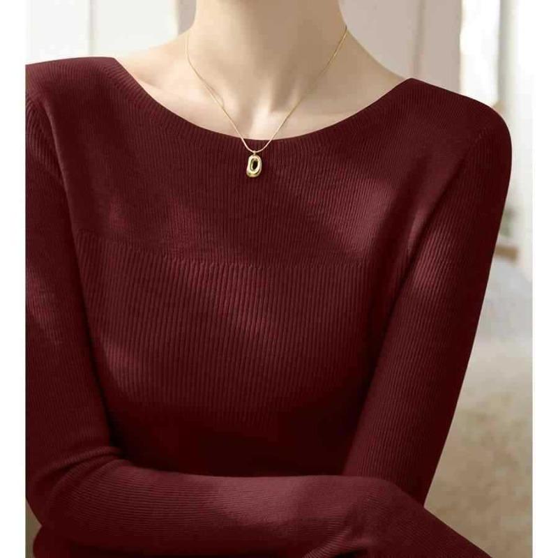 Core-spun Yarn New Long-sleeved Wool Top Women's Versatile Solid Color Design Sense One-word Collar Inner Backing Knitted Sweater