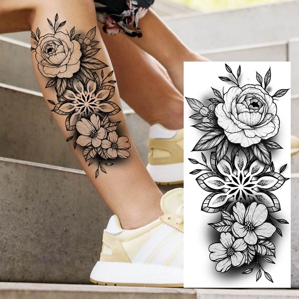 1 Sheet Black Flower Temporary Tattoos For Women Girls Realistic Fake Flora Floral Peony Tattoo Sticker Body Art Painting Decal