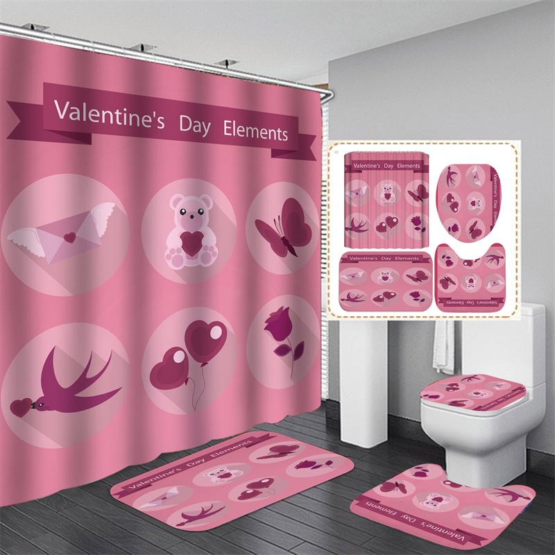 Valentine's Day Bathroom Bathing Waterproof Shower Curtain Home Entrance Doormat Bathtub 4Pcs Set Toilet Seat Cover Rugs Bath Non-Slip Floor Mat Love