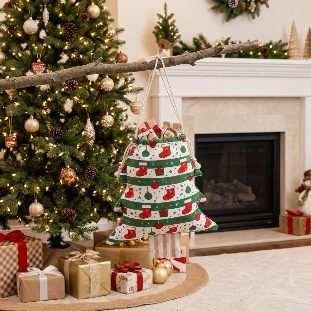 Tree Shaped Christmas Gift Bag Christmas Stockings Snowflakes Pattern Drawstring Bag Velvet Candy Bag Pendant Home Decoration