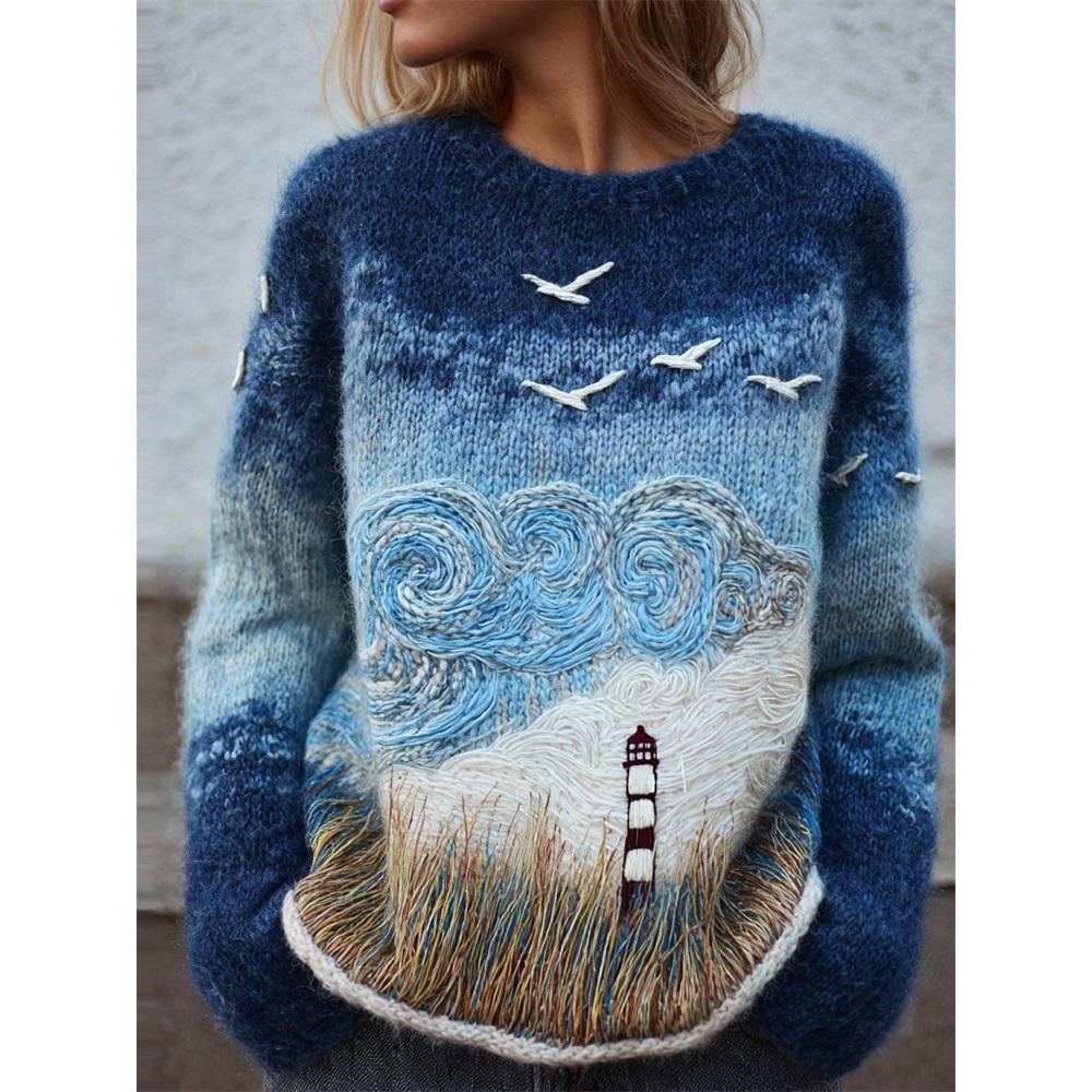 Maglione da donna a girocollo largo con stampa natalizia, maglione casual alla moda