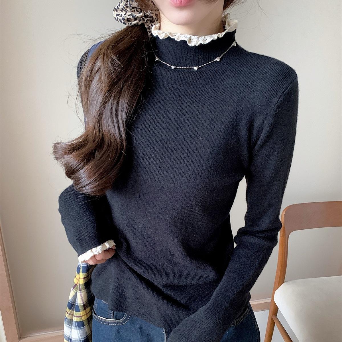 

Девичий милый топ с полувысоким воротником, женская весенняя кружевная вставка, внутренняя базовая рубашка, вязаный свитер L чёрный