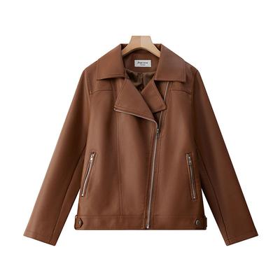 Neue Damen-Lederjacke Frühling und Herbst Braune Damen-Lederjacke Damen-Revers-Reißverschluss Slim Fit Jacke im koreanischen Stil