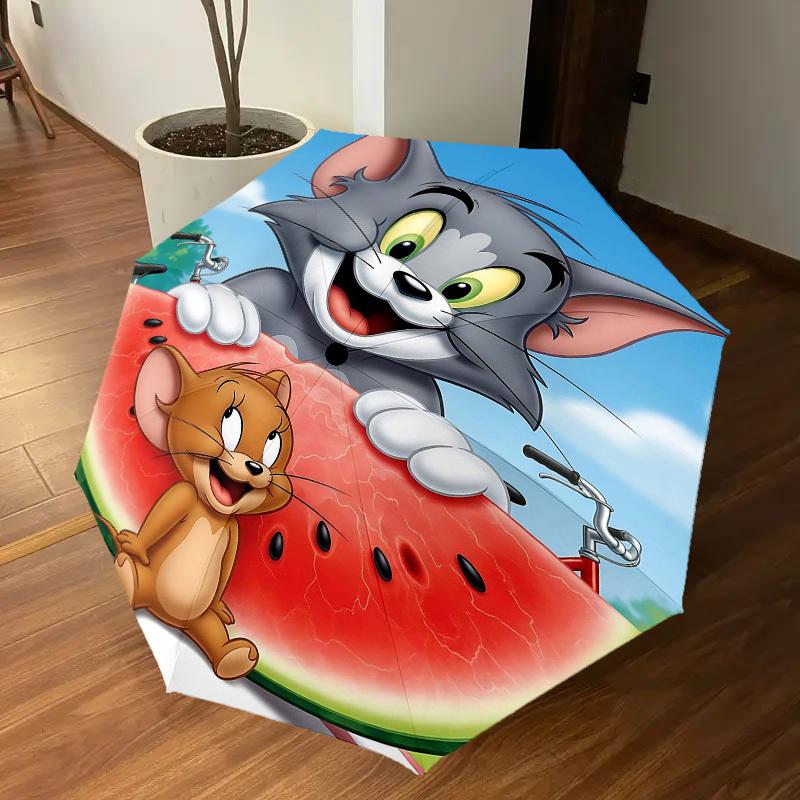 1pc Tom and Jerry Watermelon Automatic Open/Close Umbrella Compact Folding Umbrella with 8-Rib Shaft Lightweight Esign, for Women/Men1165A