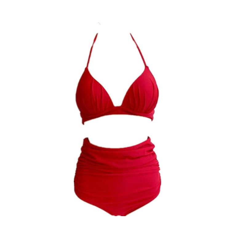 Swimsuit Women's New Japanese and Korean Style Sexy Beauty Back High Waist Cover Belly, Thin Size Chest Gathering Split Solid Color Bikini