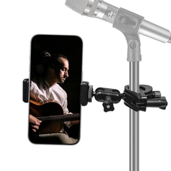 ROTKUEIEE Smartphone Holder for Microphone Stands, Music Phone Stand with 360-Degree Rotation, Adjustable Angle, Anti-Slip, Easy Installation,