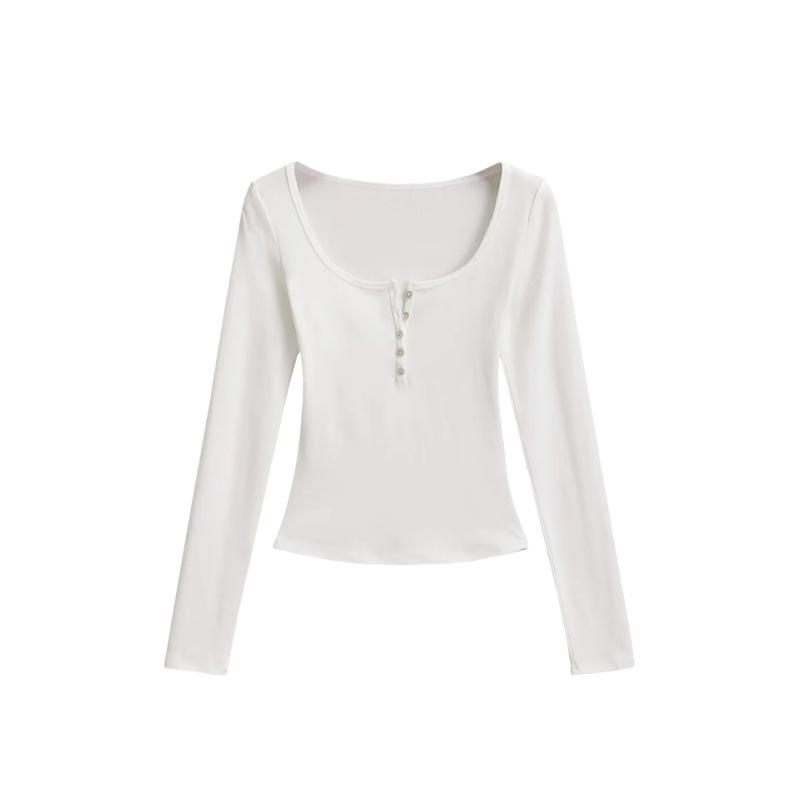Women's U-Neck Long Sleeve Slim Fit Crop Top Solid Color Casual Basic Tee