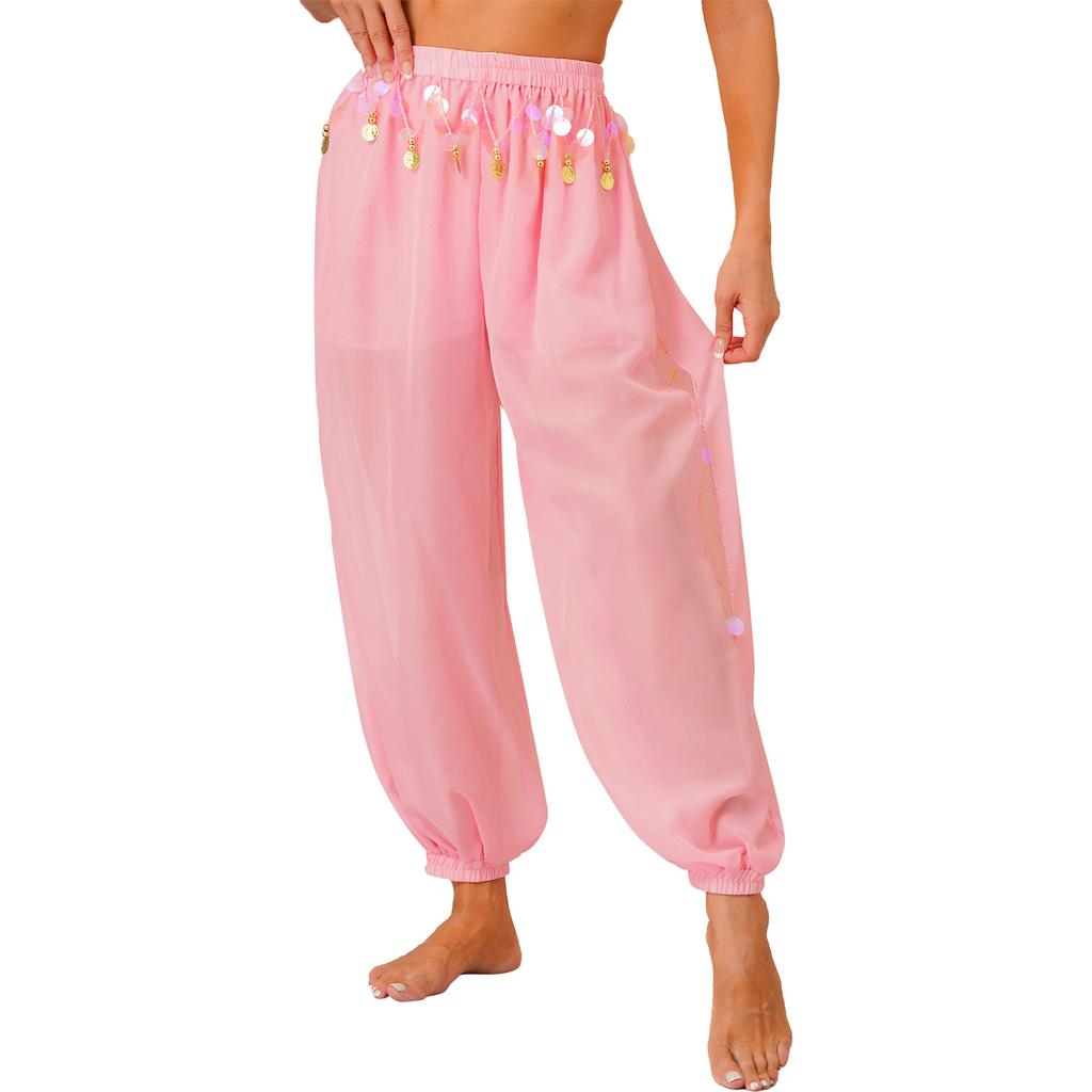Damen Bauchtanz Kostüm Pailletten Bloomers Seitenschlitz Design Halb Transparent Locker Hose Performance Kleidung