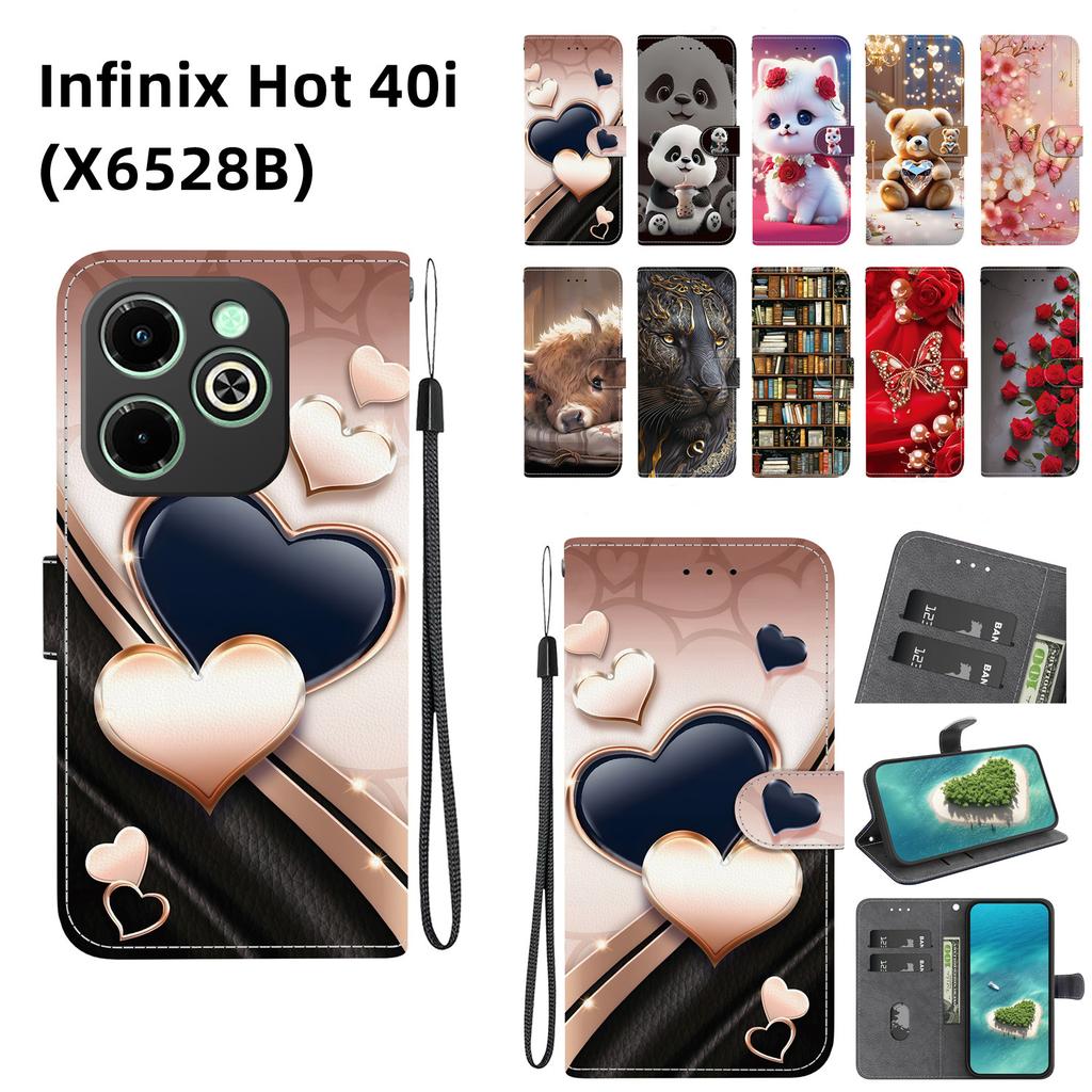 Handmade PU Leather Flip Case for Infinix Hot 40i (X6528B) Anti-Slip Shockproof Cover with Wrist Strap & Heart/Rose Cat Designs