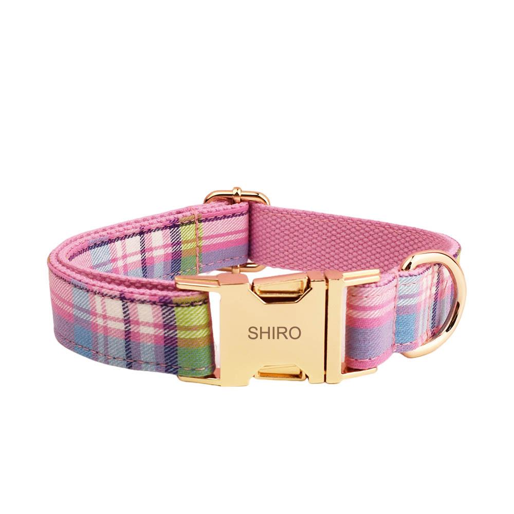 Colorful Plaid Dog Collar & Leash Set with Bowknot and Anti-Tangle Feature, Engravable