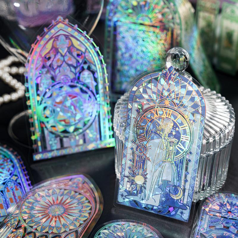 6-Piece Laser Glitter Stained Glass Window Stickers, Iridescent Flash Patterns Perfect for Hand Account Layouts, Scrapbooking