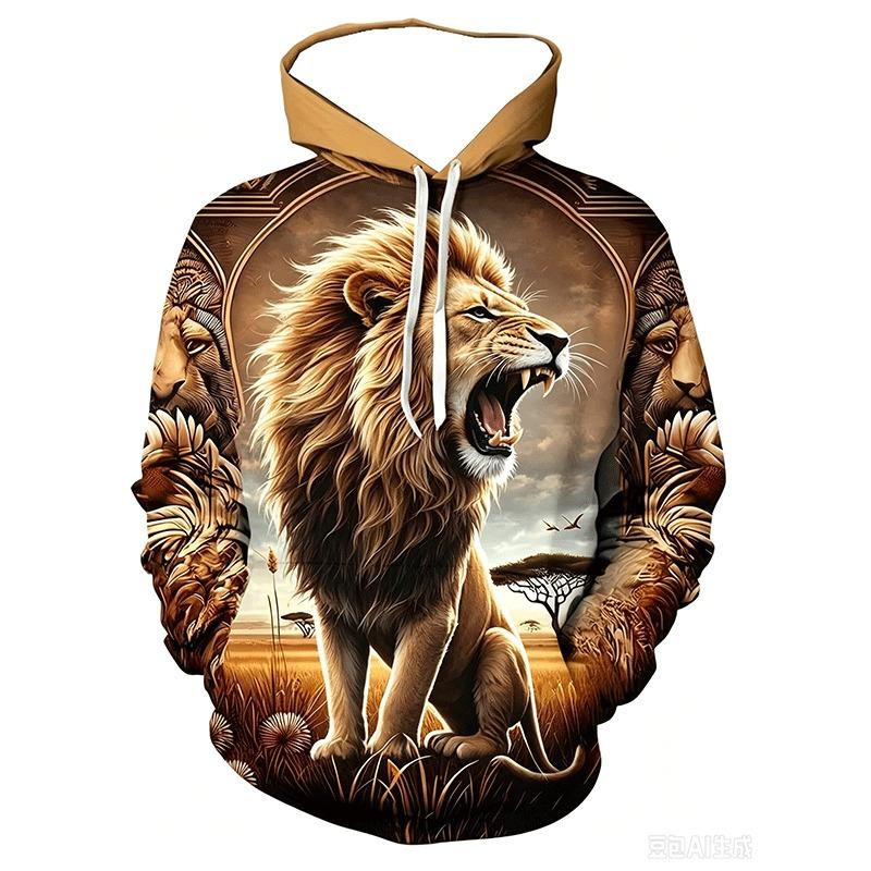 Casual Long Sleeve Hoodie for Men Featuring a 3D Design of a Sacred Lion And a Young Lion, Complete with a Pocket. Spring and Autumn