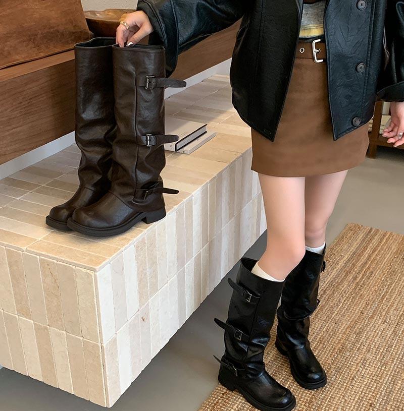 

~ Jiaoyu belt buckle black tube pants tube boots women s pile boots long boots knight boots western cowboy boots 40 коричневый