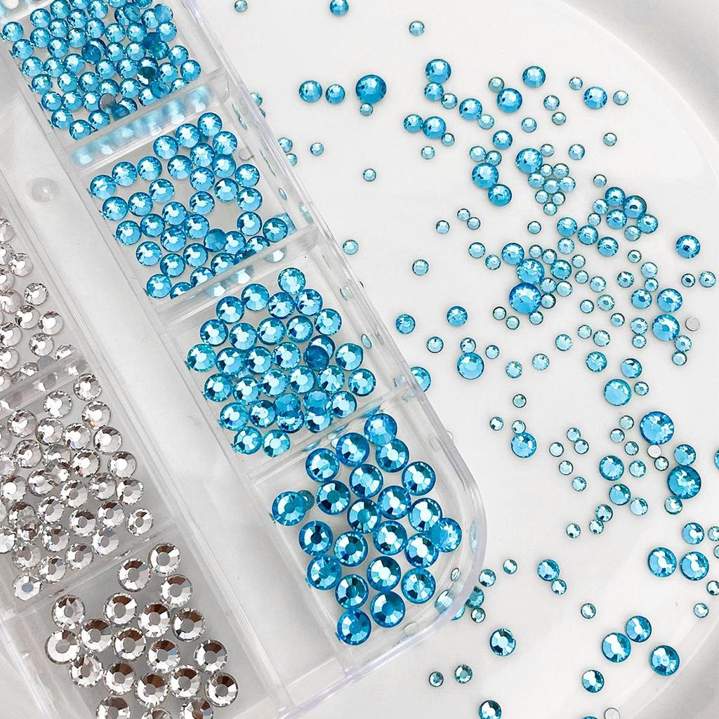 Blue Glass Nail Art Rhinestone Box Set - 12/6 Grids, Various Sizes, Flat-back Nail Decorations