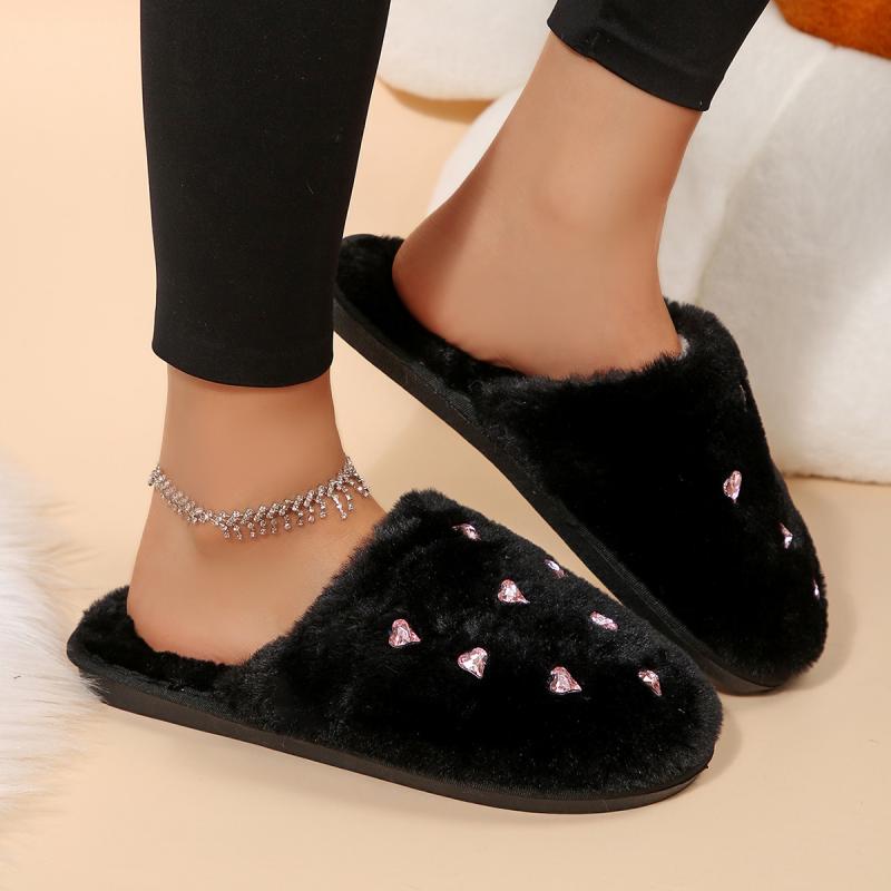 Fashion Sweet Glitter Heart Furry Mules Slippers Women 2025 Winter Warm Short Plush Cover Toe Slippers Soft Faux Fur Indoor Slippers
