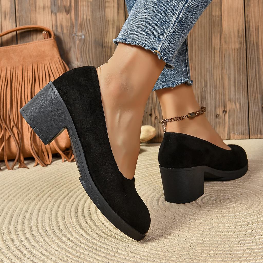 High Quality Spring and Autumn Women's Shoes Fashionable Round Toe Shallow Mouth Medium Heel Suede Slip-On Women's High Heels
