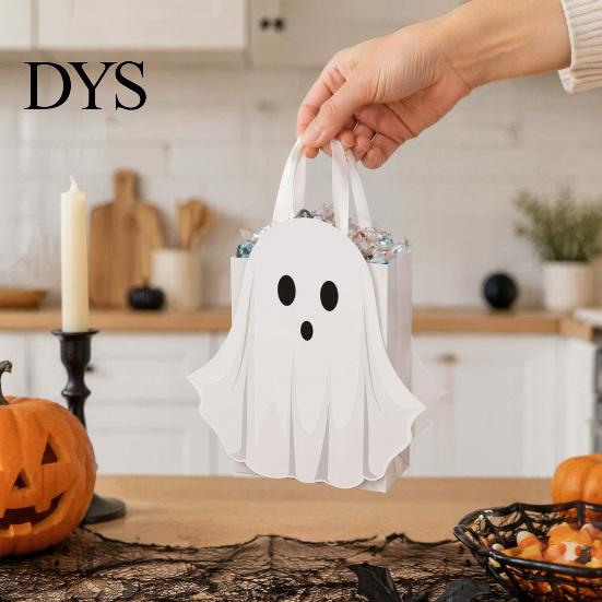Foldable Trick or Treat Totes Halloween Ghost Cardboard Gift Bag, Cute Candy Goodie Bags Party Supplies for Children with Handle Birthday, Favors