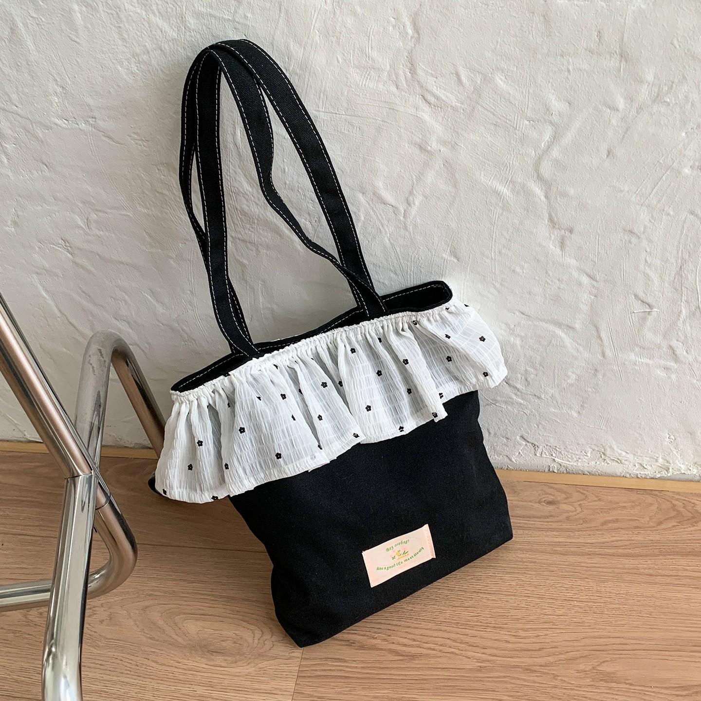 

Кружевная холщовая сумка женская большой вместимости новая летняя универсальная сумка через плечо сумка-тоут для занятий для студентки чёрный