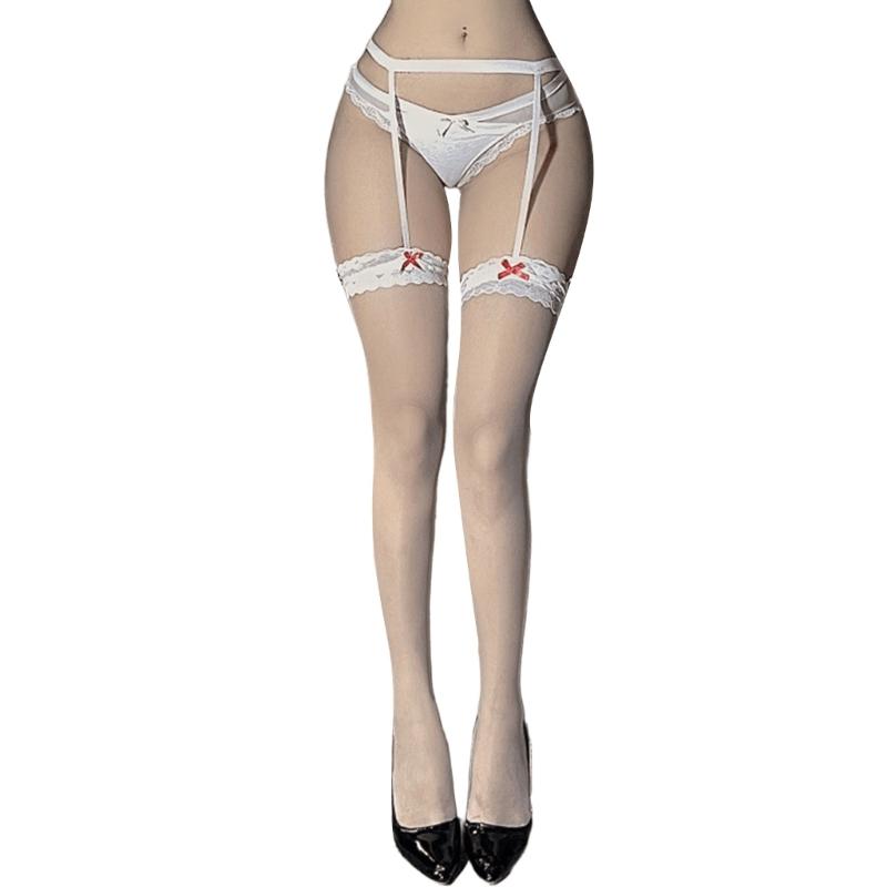 Womens See Through Thigh High Stockings with Garter Belt Cute Bowknot Sheer Silk Pantyhose Suspender Tights Lingerie