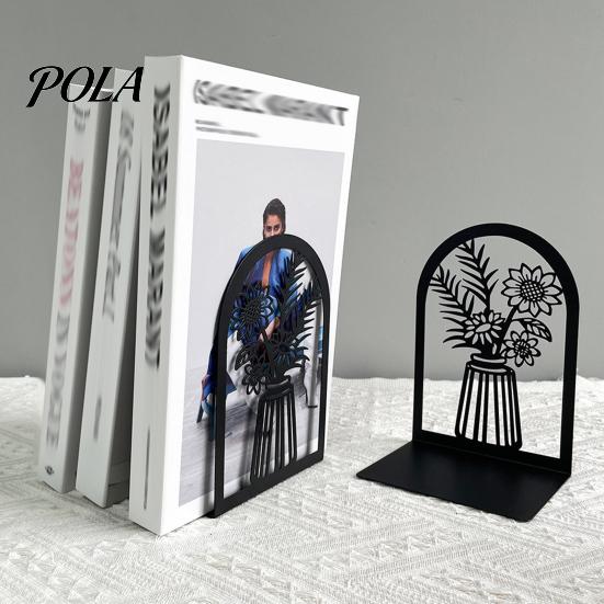 L-shaped Bookend 1 Pair Flower Metal Bookends, Decorative Vase Book Ends for Non-slip Shelves, Black Holder Stopper Home Office Reading Room