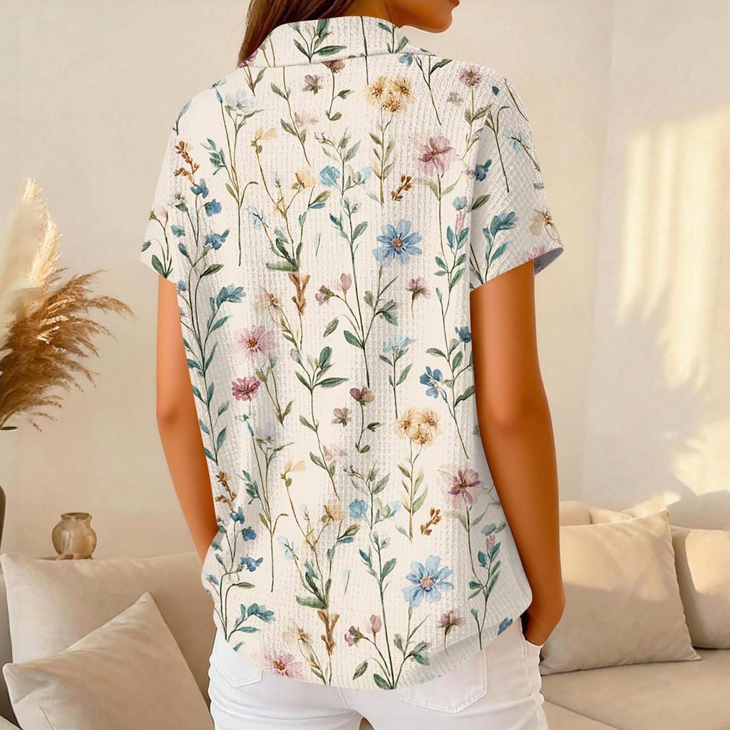 Women’s Casual Knit Short Sleeve Collared Shirt with Floral Print Relaxed Fit Lightweight Top for Everyday Wear