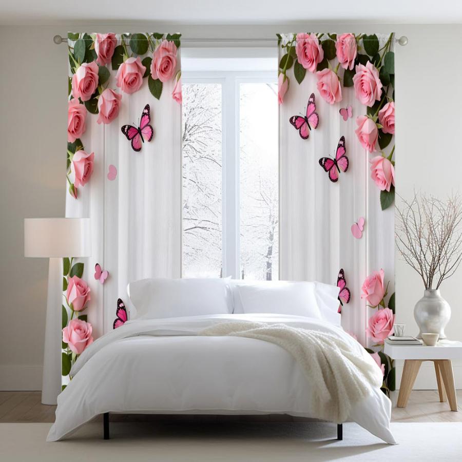 2PCS Digital Printed Curtains, Pink Rose Surrounding Pattern, Beautiful Window Drapes for Living Room Bedroom Home Decor