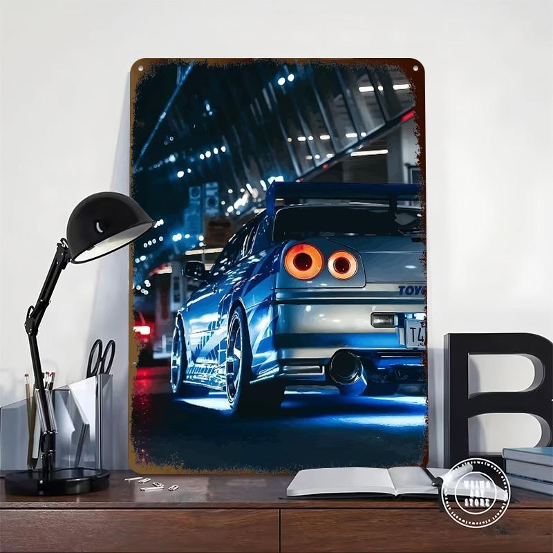 Blue Sports Car Skyline R34 Rear View Printed Poster Customized Wall Art Retro Vintage Metal Tin Signs for Home Bar Accessories