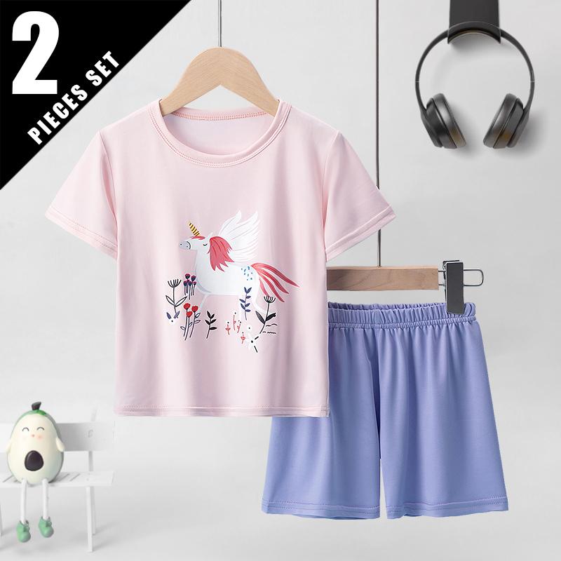 Kids' Two-piece Set with Short Sleeves and Shorts, Sweet Pink for Girls, Casual and Versatile, Comfortable and Easy-going