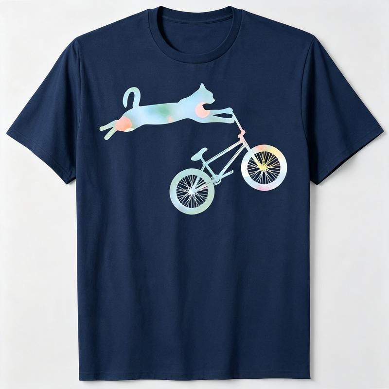 Gradient Watercolor Cat Riding BMX Bike Graphic T Shirt Premium Soft Cotton Short Sleeve Unisex Street Casual Animal Print Tee
