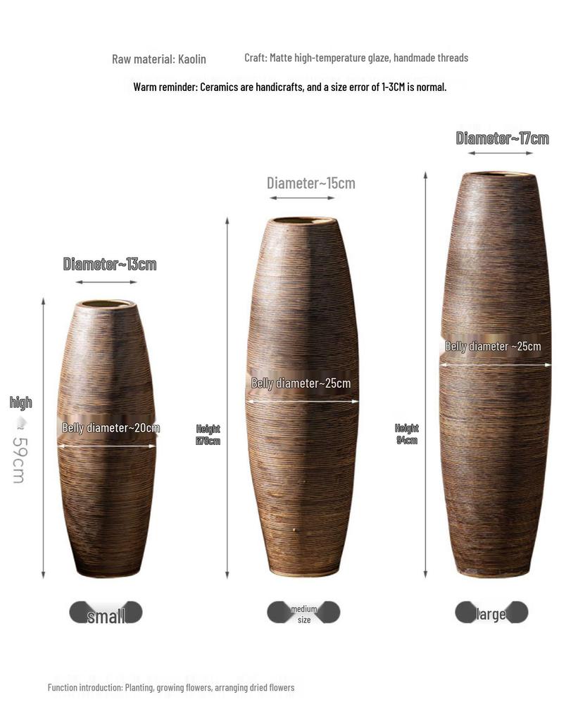 Floor-Standing Ceramic Vase In Retro Wabi-Sabi Style for Dried Flowers, Ideal for Hotel, Courtyard, and Homestay Décor.